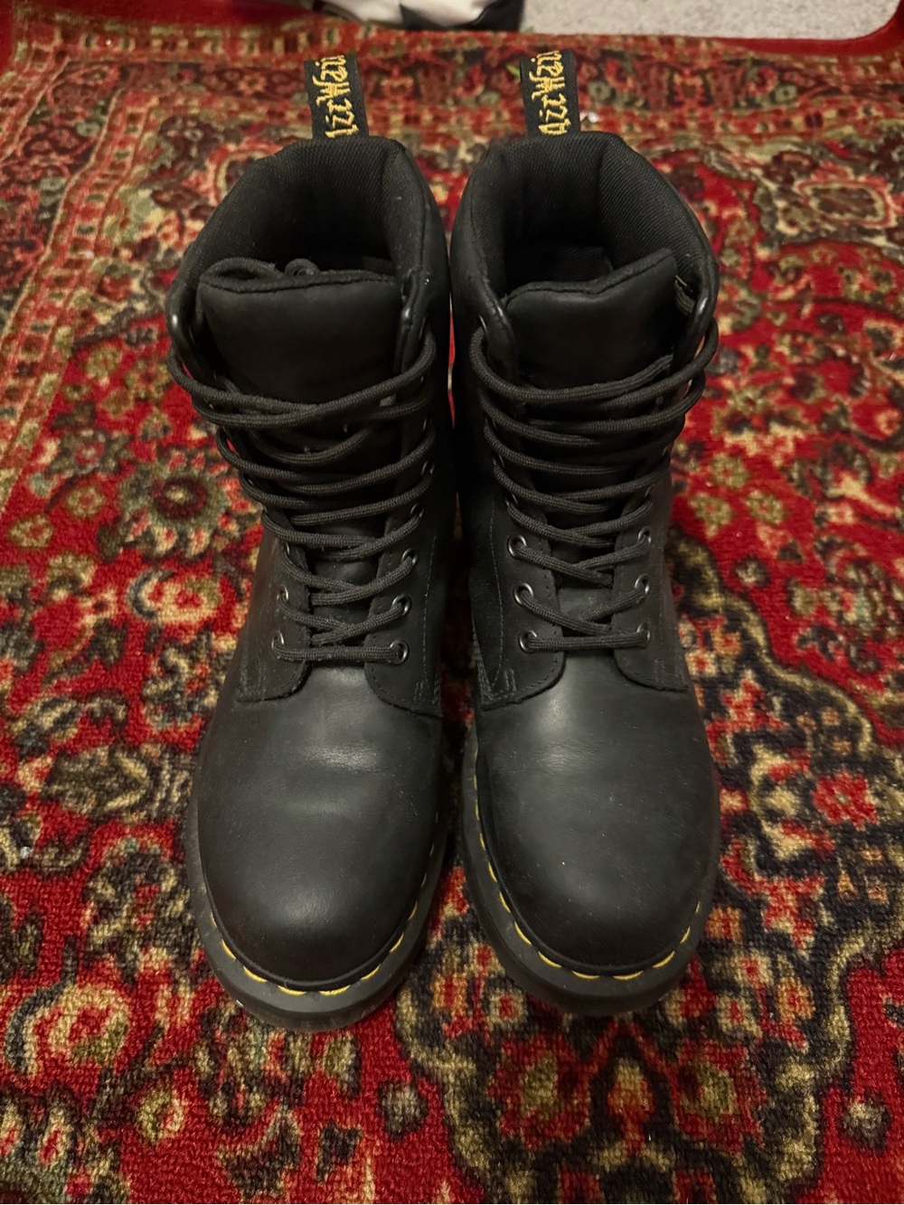 Dr. Martens Black Lace-Up Leather Combat Boots with Yellow Stitching